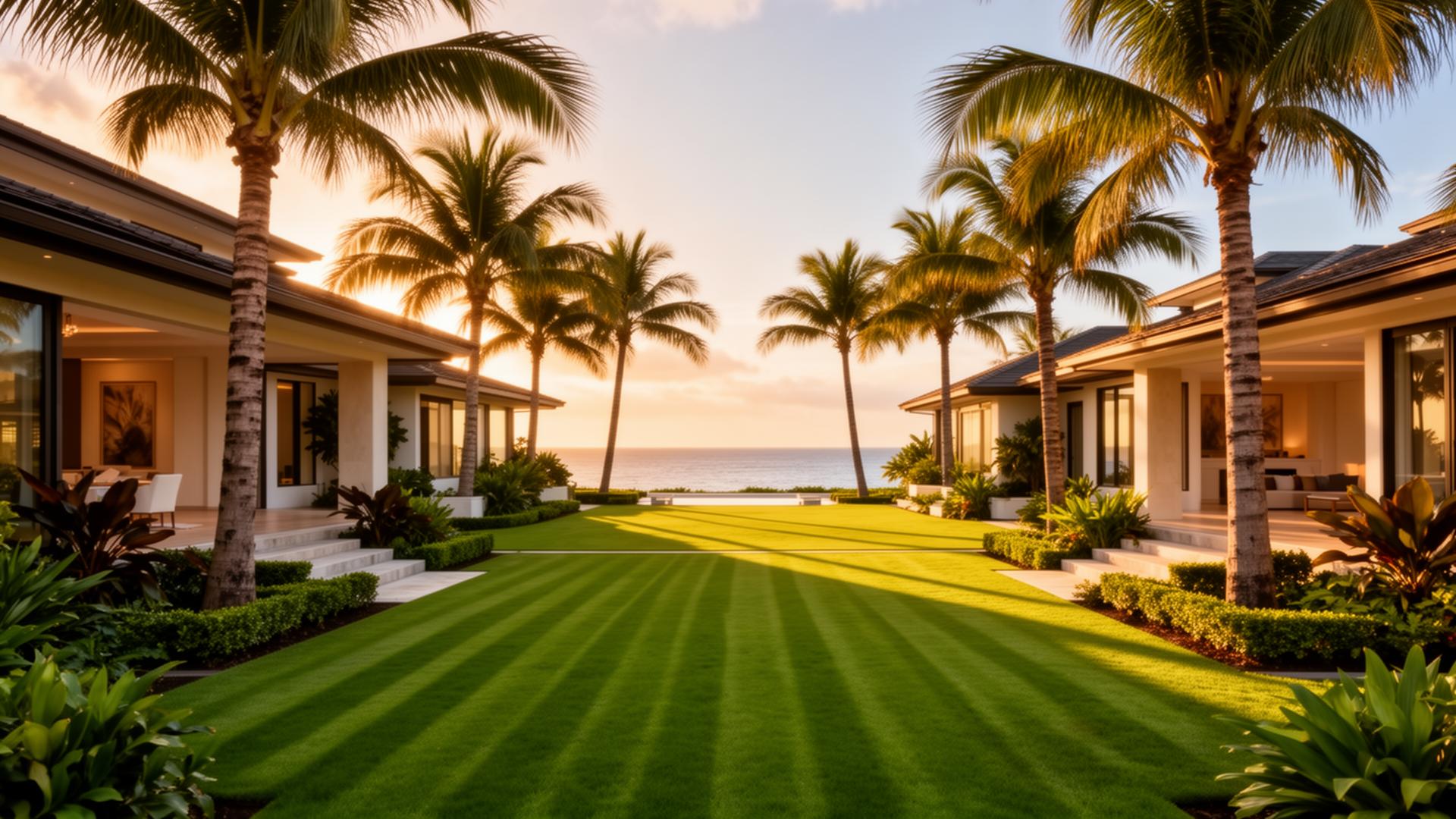 Luxury tropical landscaped estate at golden hour