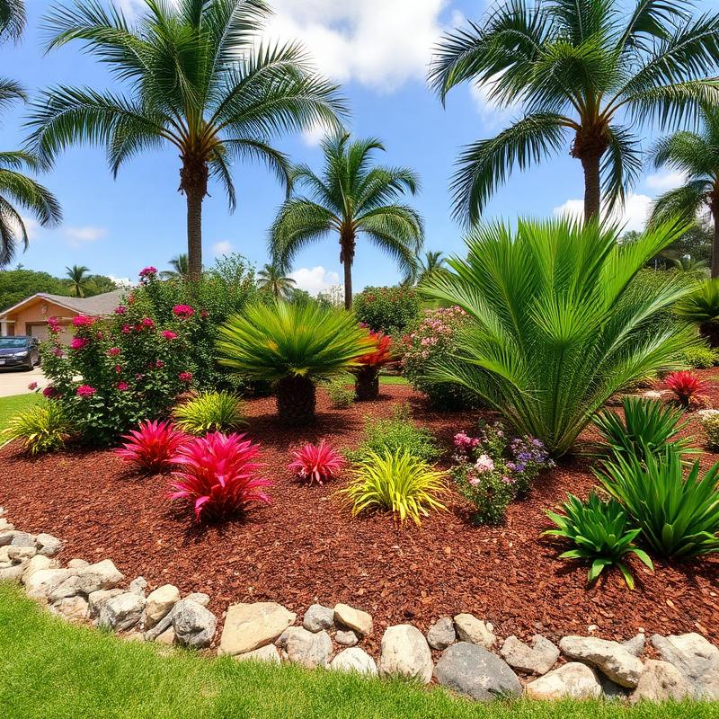 Professional landscaping with mulch beds and decorative plants