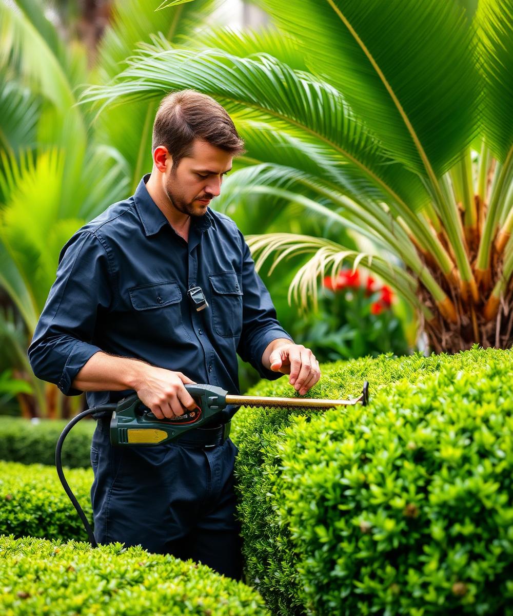 Pacific Premium landscaper trimming a hedge